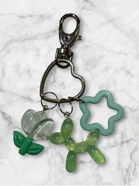 Green Balloon Dog & Flower Charm Keychain